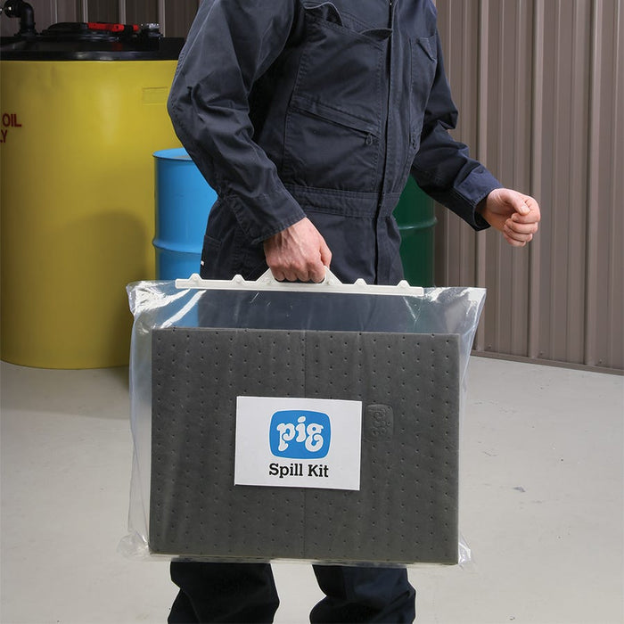 Valigetta con clip di chiusura per kit per fuoriuscite – 51 cm x 15 cm x 38 cm – 25 tamponi (); 2 salsicciotti (4048); 2 sacco per lo smaltimento temporaneo ()